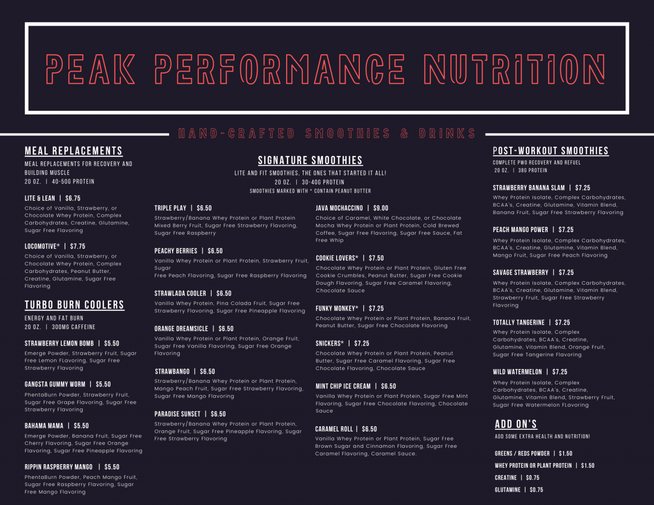 Peak Performance Nutrition Menu